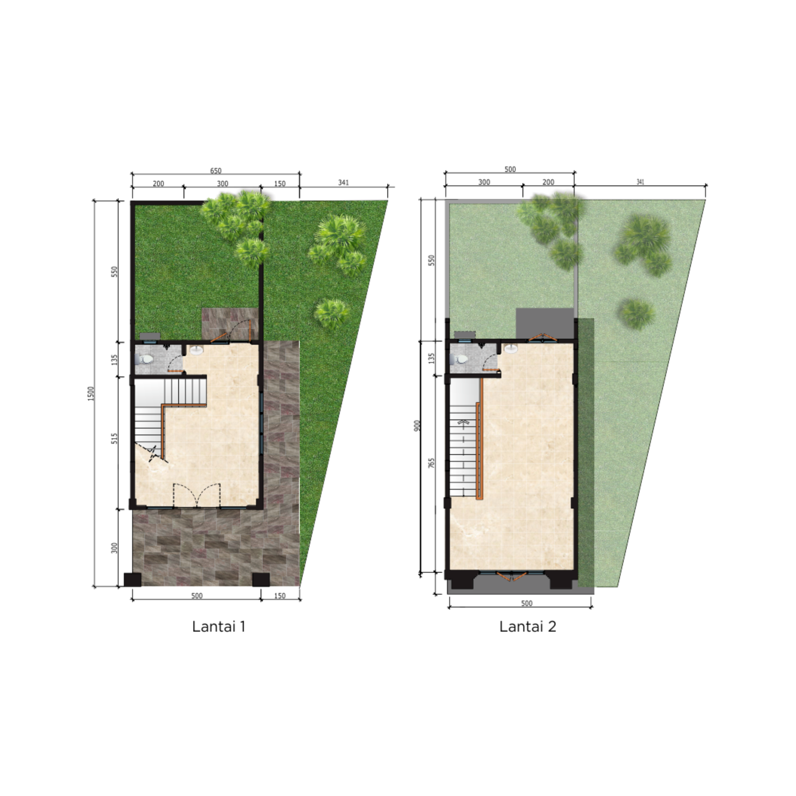 Top-down view of two house floor plans with interior rooms, stairs, and large grassy yards with trees surrounding them